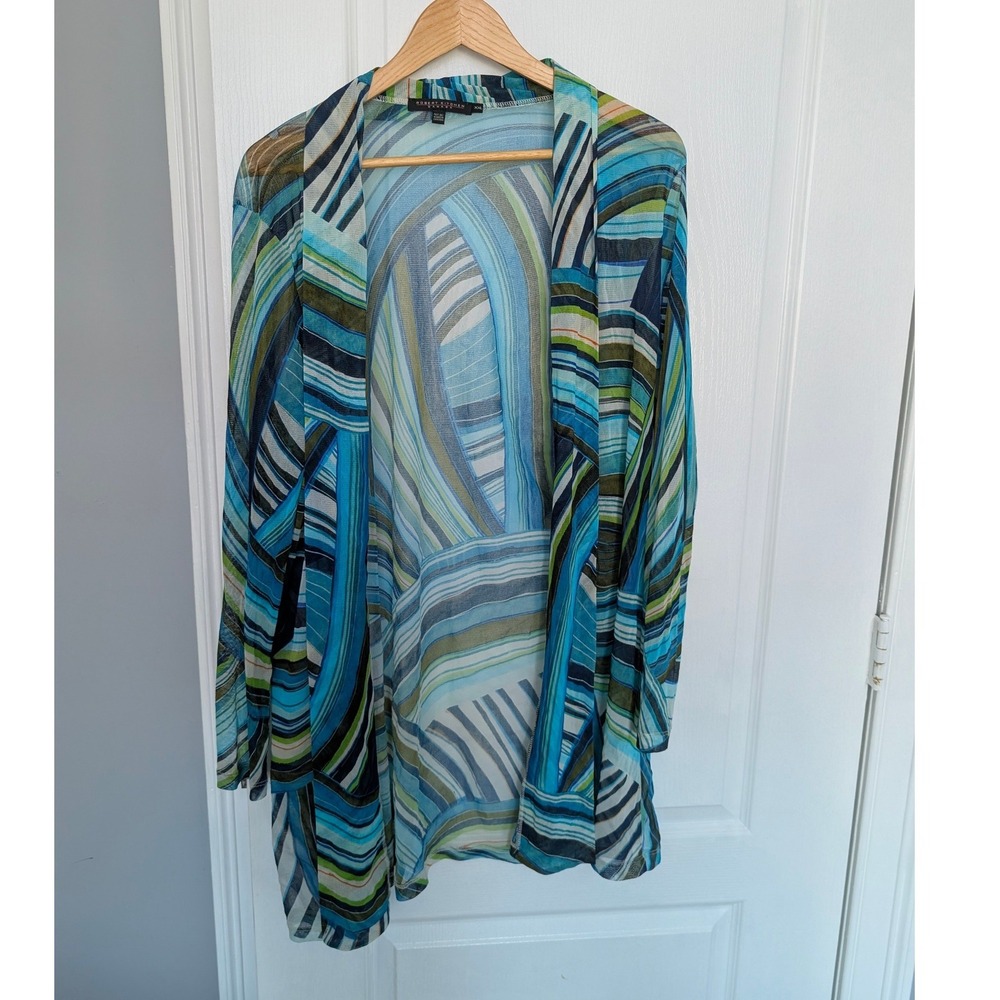 Robert Kitchen Canada Blue Green Abstract Mesh Open Cardigan XXL 
Lagenlook